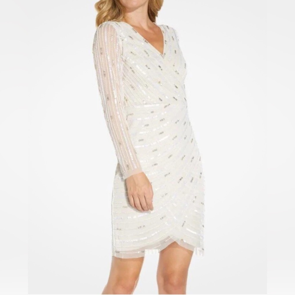 NWT Adrianna Papell White Beaded Sequins Embellished Dress Sheer Sleeves V-Neck - Picture 16 of 16